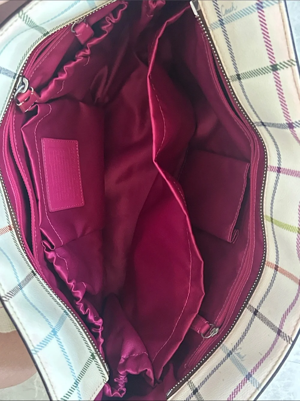Coach Heritage Tattersall Cream Plaid Tote with Magenta Center Stripe